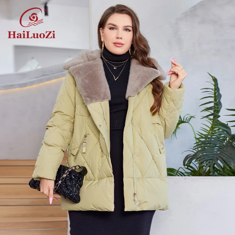 HaiLuoZi-Chaqueta de invierno con capucha para mujer, abrigo corto de talla grande con piel, diseño acolchado elegante, con bolsillos grandes, 2023