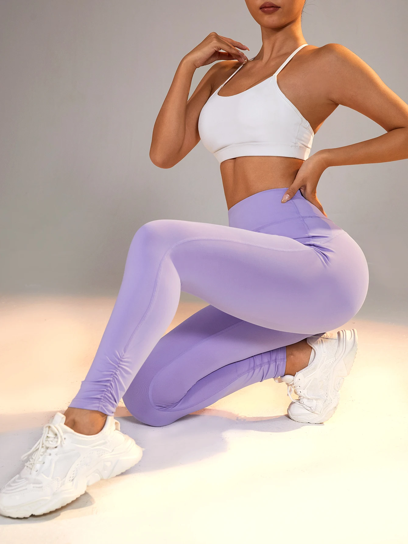 Women Shirring Solid Color Yoga Leggings Comfy High Waist Quick Dry Sports Pants Fitness Gym Activewear Push Up Leggings