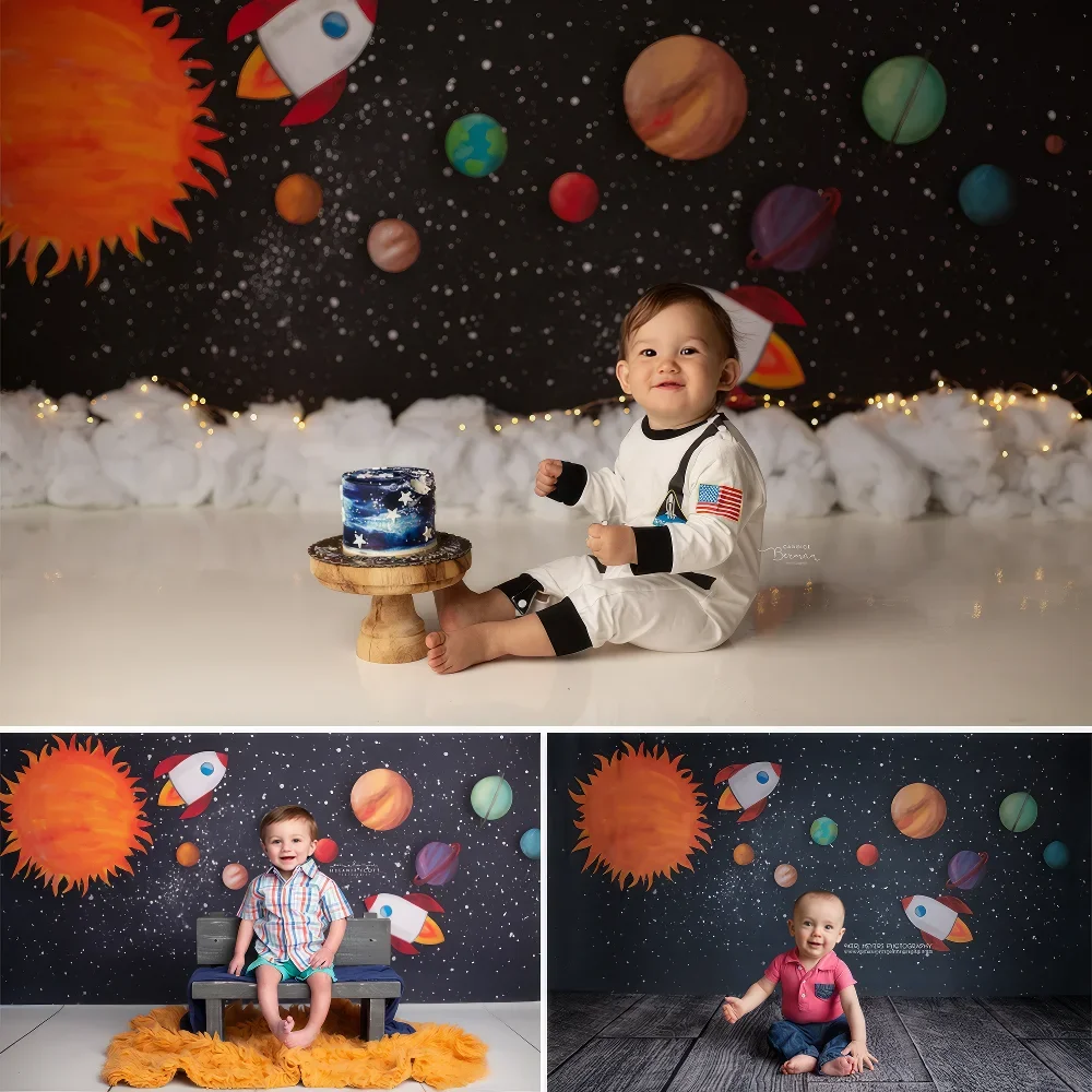 Baby Shower Background Fly Into Space Infinite Universe Rocket Alien Planet Cake Smash Birthday Portrait Backdrop Photography