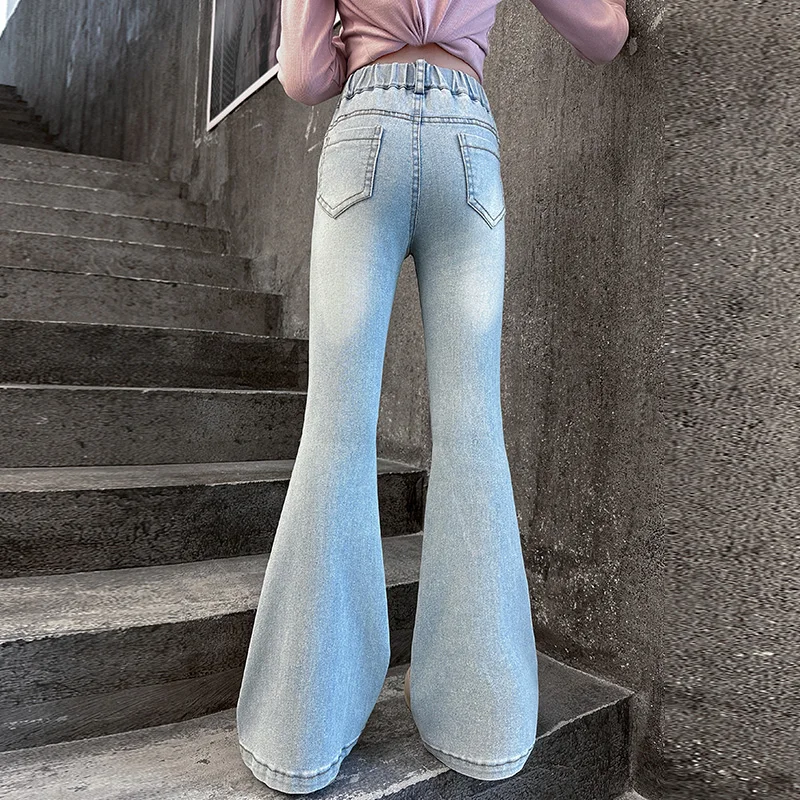 Girls Jeans Denim Pants Spring Autumn Bell Bottom Long Trousers for Kids 4-14 Years Trendy Children's Fashion Princess Style