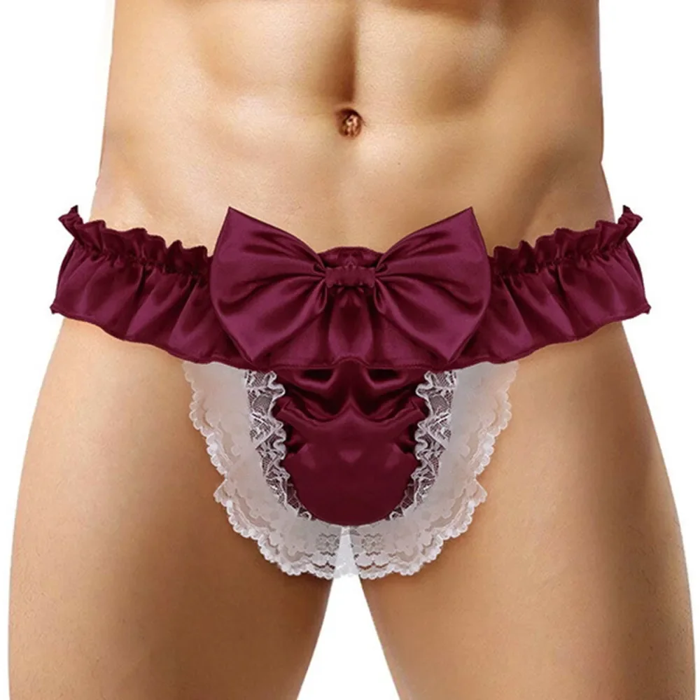 Men Sexy Hollow Out Exposed Buttocks Thong Briefs Satin Lace Border Panties Sissy Underwear Bowknot Seductive Underpants