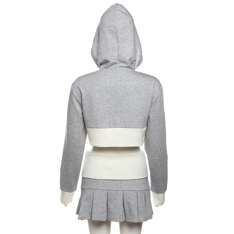 Y2k Skirt Set Women Korean Style Long Sleeve Crop Zip Up Hoodies Sexy Slim Mini Skirt Knitted Two Piece Set