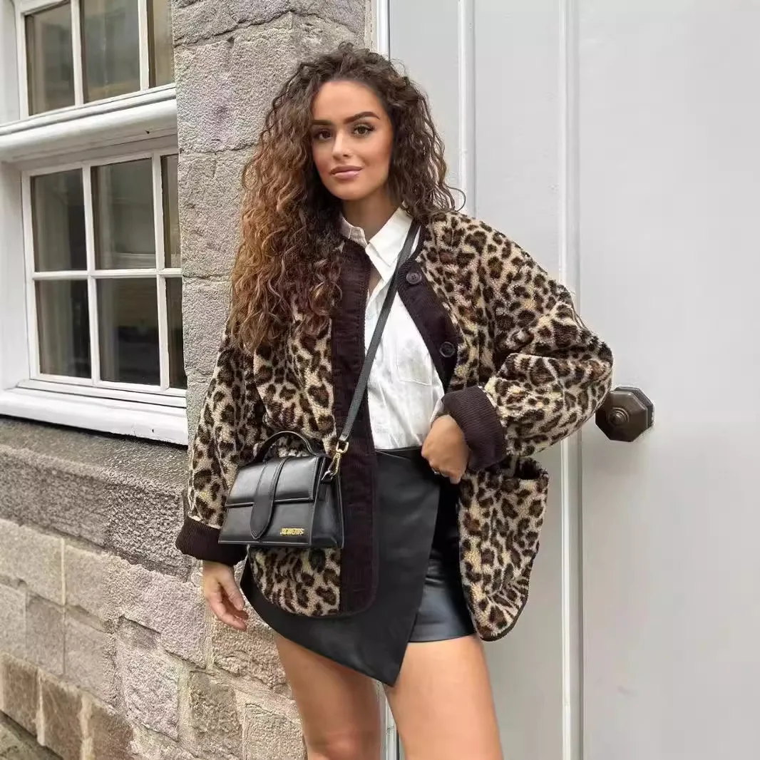 

American Sle Long Sve Printed Coat for Women Loose Casual Leopard Print Outerwear Polyester Cosite Fiber round Ne