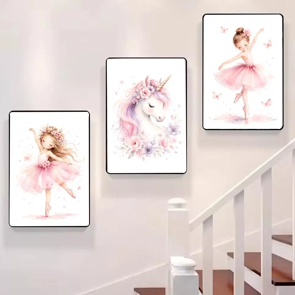 Pink Ballerina Girl Unicorn Butterfly Painting Calligraphy Room Home Bedroom Interior Wall Decoration Canvas Poster Art Mural