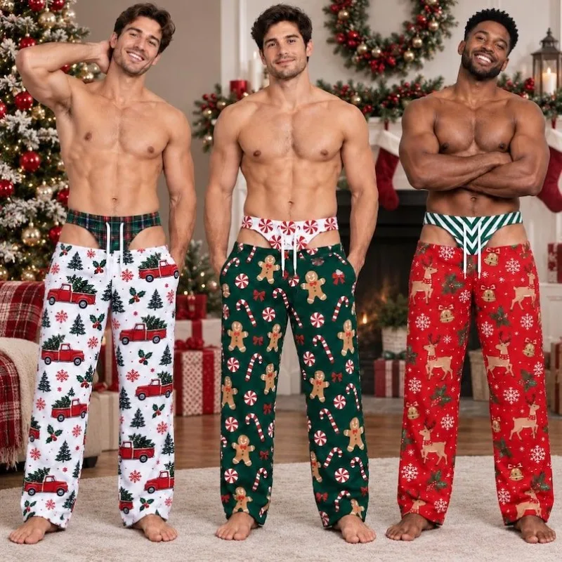 2026 New Christmas Men's Loose Illusion Sleep Pants Gingerbread Man Elk Car Fun Printed Wide Leg Pants Home Party Casual Pants