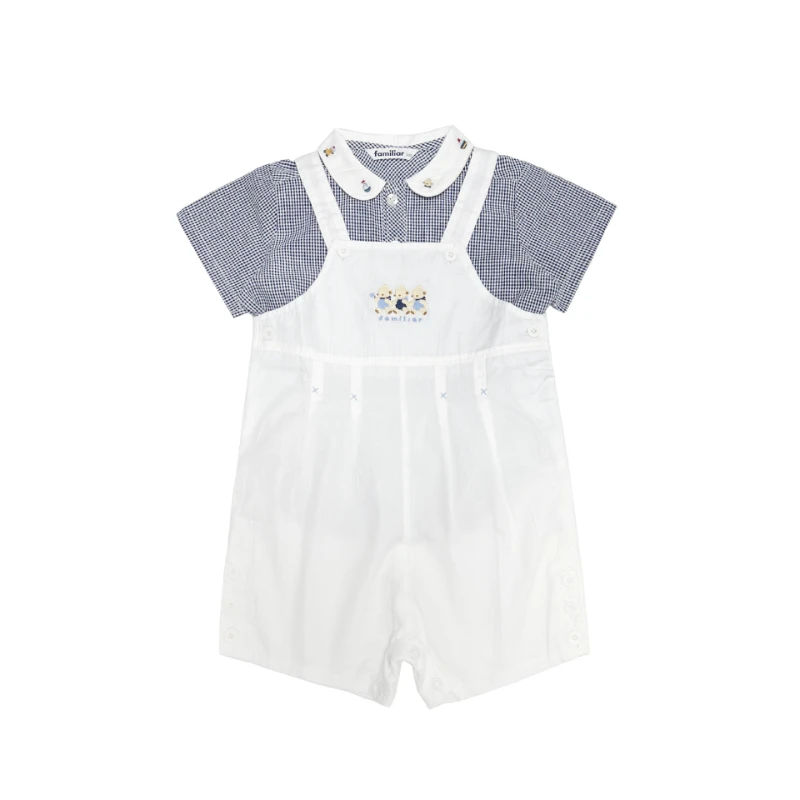 

Boys' Clothes Family Bear Navy Style Embroidery Pure White Bib Pants Girls Seersucker Lapels Short Sleeves