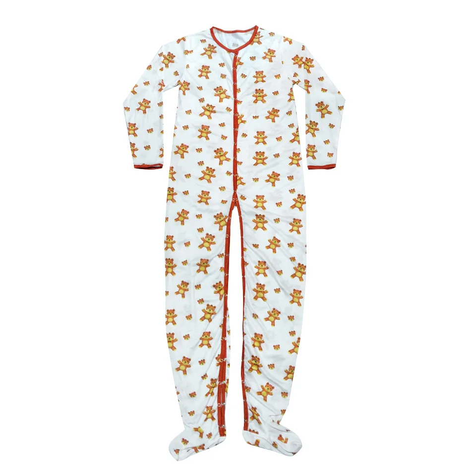 Cute Bear Printed Bodysuit With Foot DDLG Adult Onesie Sleepwear Long Romper Crotch Adult Baby Onesie With Button