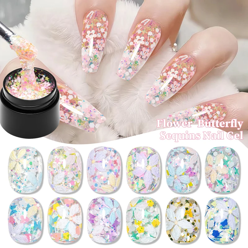 8ml Flower Butterfly Glitter Sequins Gel Nail Polish Colorful Sequins Soak Off UV Gel Varnish For Spring Summer Nail Supplies