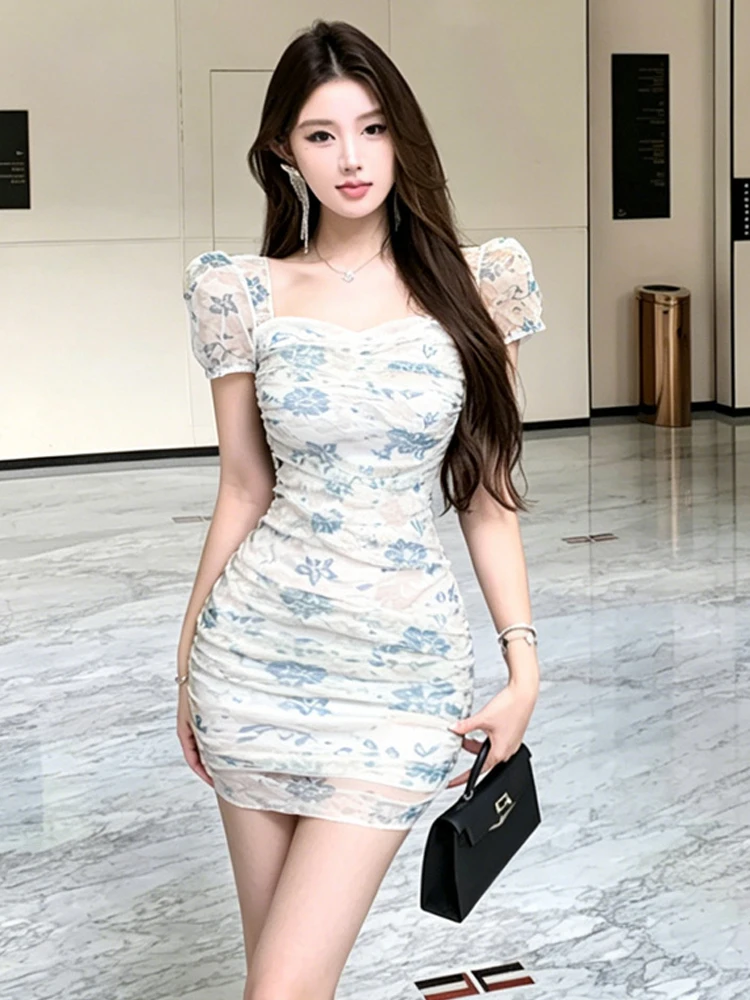 Elegant High Waist Short Bubble Sleeve Floral Lace Dress Slim Fit Pleated Elastic One Step City Commute Casual H Type Skirt