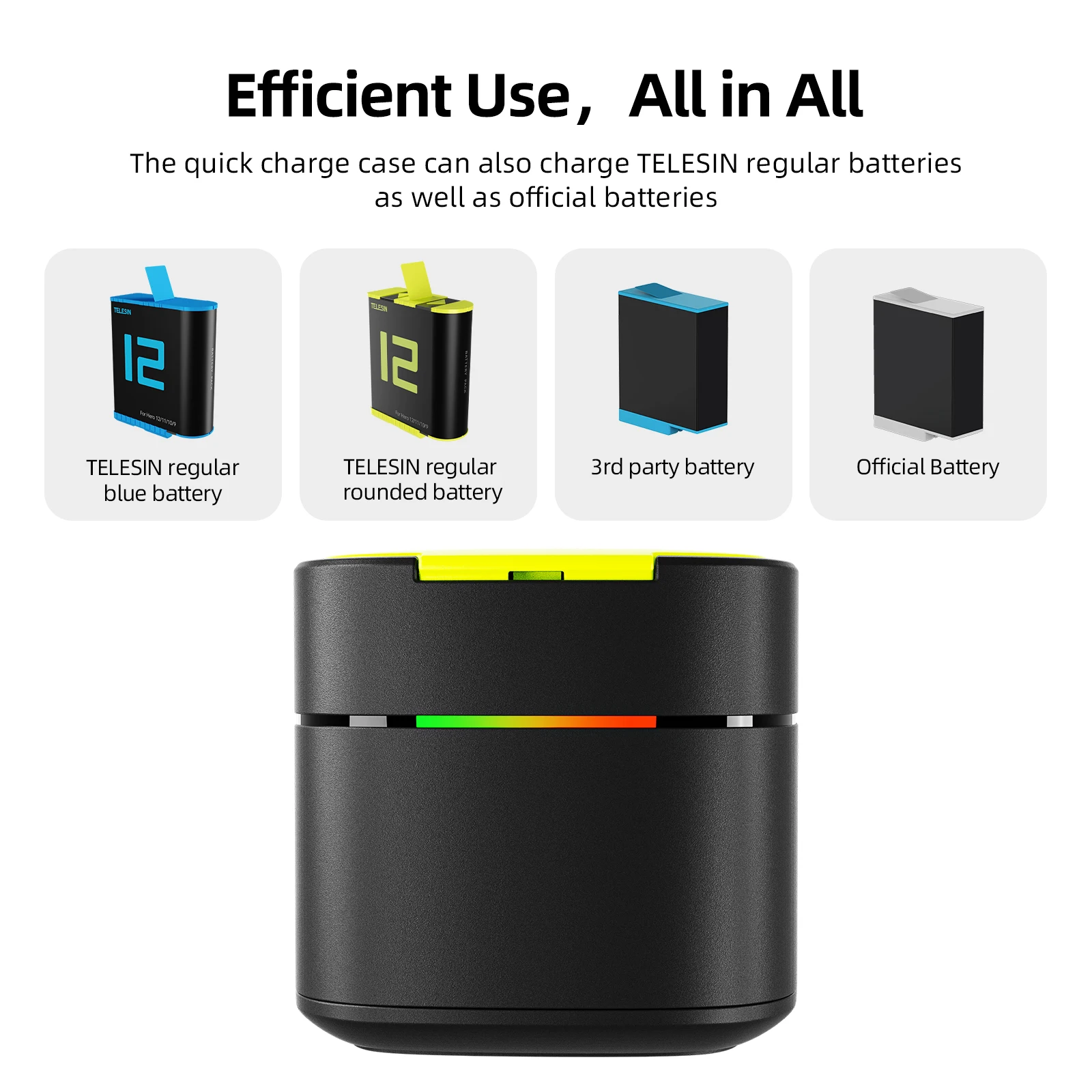 TELESIN 2 Ways 2.5A Fast Charger Box With TF Card Storage + 1750 mAh Fast Charging Battery For GoPro Hero 12 11 10 9 GoPro12