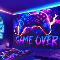 UV Reactive Gaming Room Tapestry Black Light Printed Gamepad Tapestry Wall Hanging Fluorescent Game Over Art Tapestry Home De
