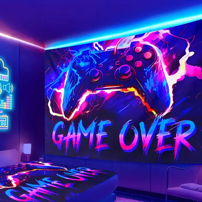 UV Reactive Gaming Room Tapestry Black Light Gamepad Tapestry Home Decor Wall Hanging Fluorescent Game Over Art Tapestry