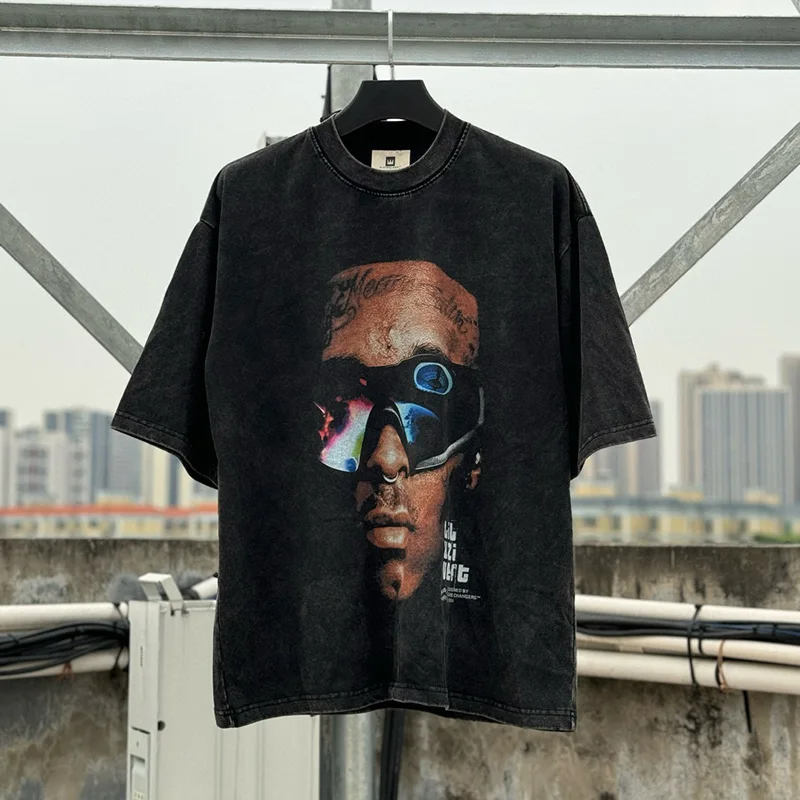 

New Singer BIG FACE Portrait Print T-shirt Men Woman High Quality Heavyweight Loose Casual Washed Vintage Top Tees