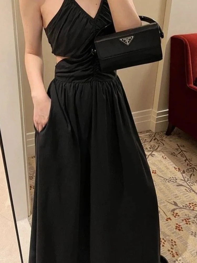 فستان صيفي من Vestidos De Mujer لعام 2025 ملابس نسائية بخصر عالٍ طيات بدون أكمام وظهر مثير رداء نسائي فساتين ماكسي عصرية