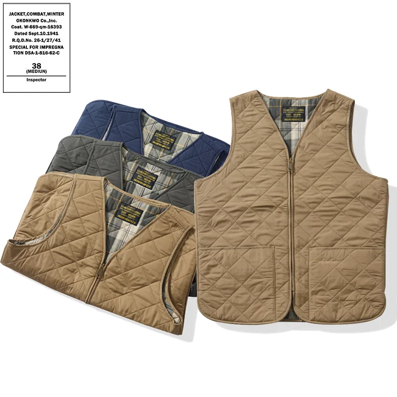 

OKONKWO Thick Quilted Vest Diamond Quilted Outdoor V-neck Vest Wax Jacket Liner