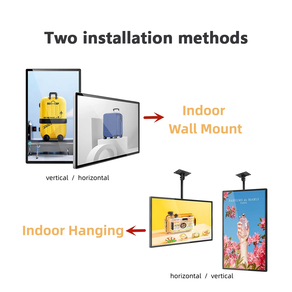 Wewnętrzny wiszący ekran LCD 4K do ściany wideo, cyfrowe menu, wyświetlacz 24/7, ekspozycja reklamowa w centrum handlowym, 55-calowy znak ścienny