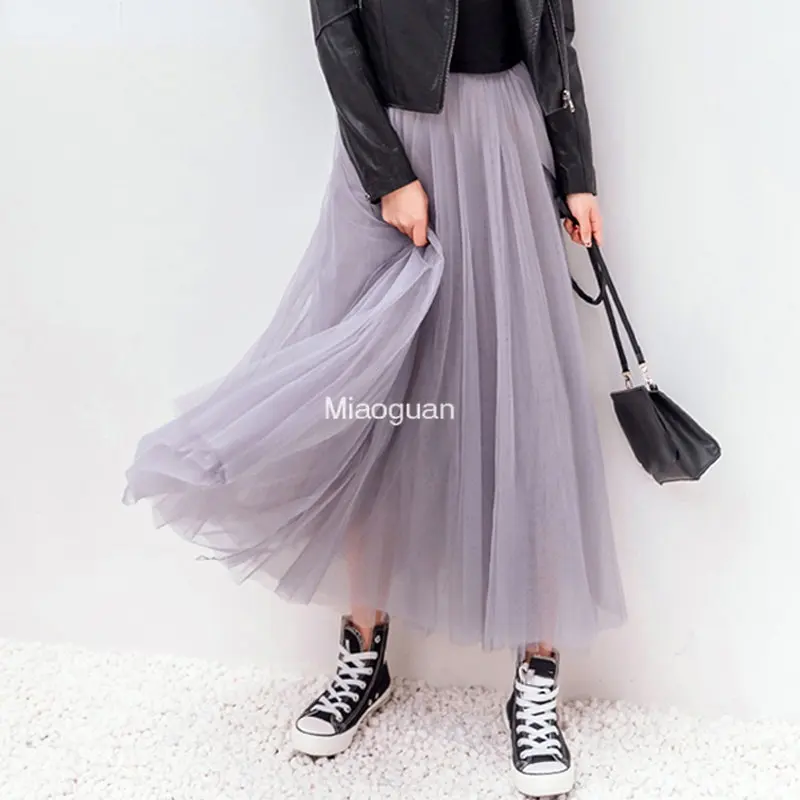 2023 Spring Summer Vintage Long Tulle Skirt Comfort Women's Elastic High Waist Mesh Skirts Pleated Tutu Skirt Female Jupe Longue