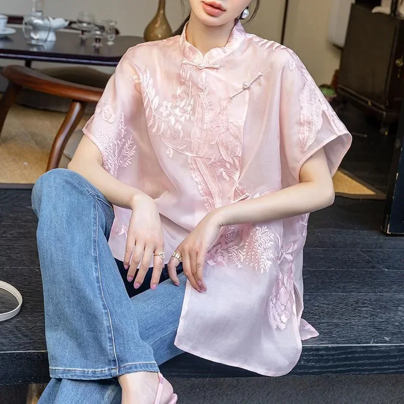 Chemisier ample Vintage pour femmes, Style chinois, broderie florale, col montant, bouton grenouille, chemises fines à manches courtes, nouvelle collection été 2025
