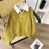 Retro Design with Fake Two Patchwork Sweaters for Women Long Sleeve Solid Loose Vintage Pullover Top Fashion Casual Fall Winter