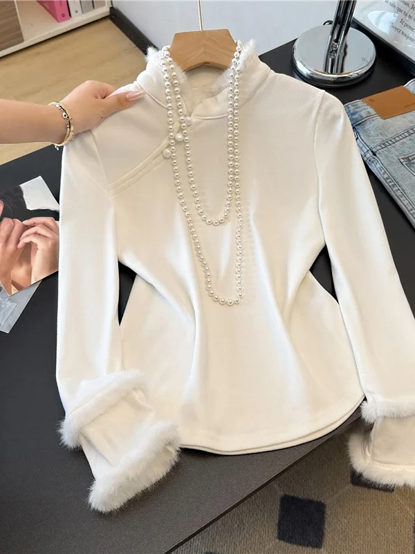 

New Chinese Sle Spliced Base irt Slanting Sve Button f High Collar National Sle Inner Wear Slimming Casual Versat...