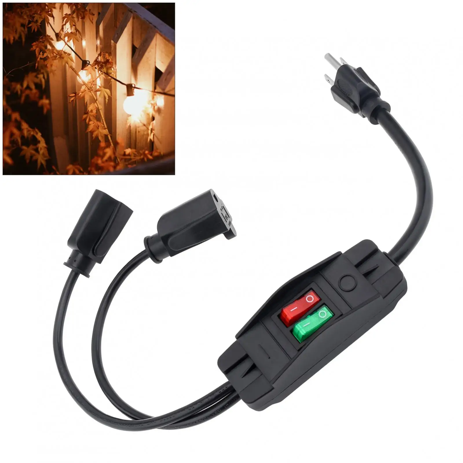 2 Way Extension Cord On/Off Switch 3 Prong Outdoor Extension Cord Splitter with Extension Cord