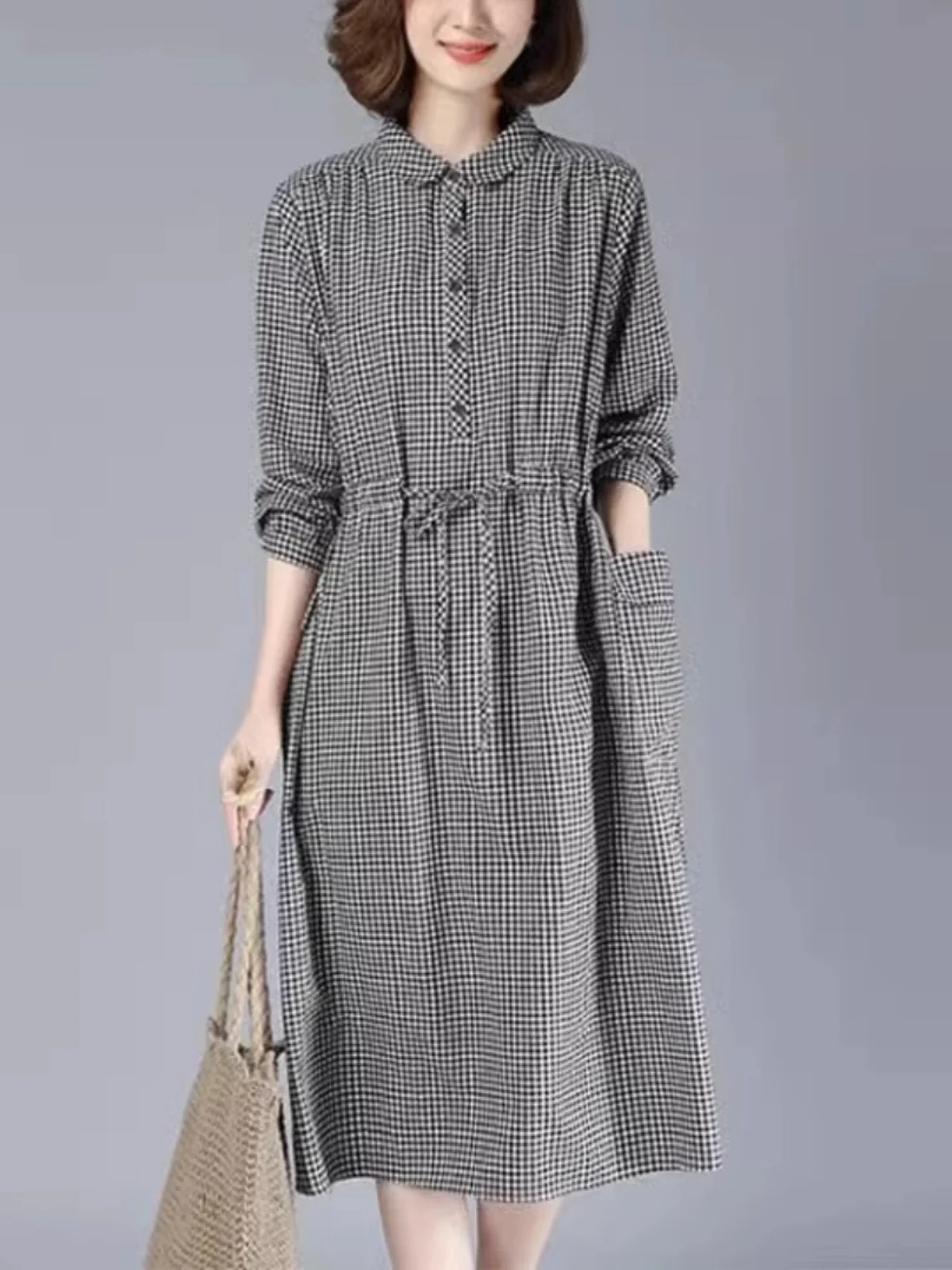 

Women's plus Size Midi Cotton Linen Dr Plaid Linen irt Dr Single Tail Cargo High Waist A-Line Skirt Long Sve