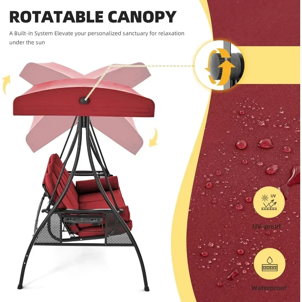 Outdoor Porch Swing with Adjustable Canopy and Backrest, Patio Swing Chair with Weather Resistant Steel Frame Wine Red