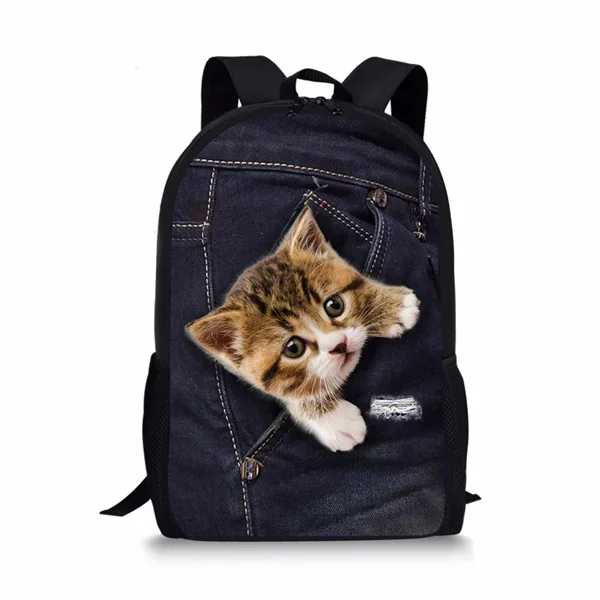 Cartoon Animal Black Denim Pocket Cat/Kitten Notebook Backpacks School Bags 3D Oxford Waterproof Boys/Girls Laptop Backpacks