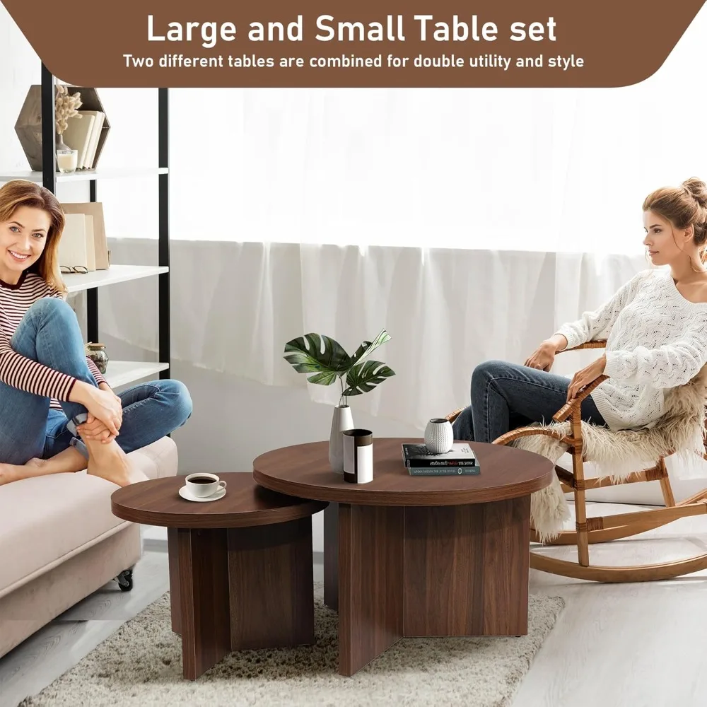 Nesting Coffee Tables Set of 2, Modern Stacking Table with Wood Grain Finish, End Table Side Tables for Living Room (Walnu