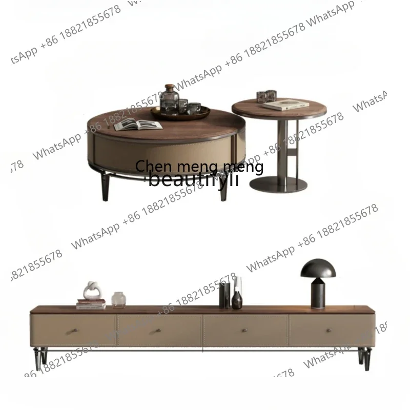 

xzqLight Luxury Modern Simple Square Walnut Original Solid Wood Home Designer Saddle Leather TV Cabinet and Tea Table Combinatio