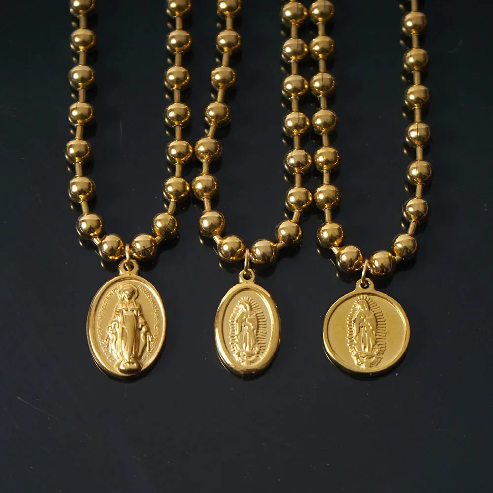 Collares de acero inoxidable de la Virgen María para mujer, gargantilla de cadena con cuentas de bolas de 6mm, medalla de Guadalupe para niñas virgen de Metal, collar para mujer