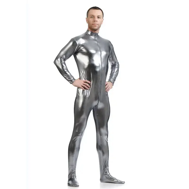 Fato de látex metálico brilhante masculino, Zentai dourado, fato de corpo inteiro, bodysuit de pele personalizado, macacão frontal com zíper, macacão preto, 2020