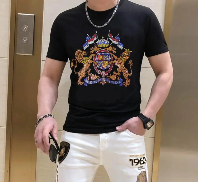 Designer  Rhinestone Luxurious T-shirt Casual men tees Fashion Hip Hop Pullover Summer Streetwear Male Clothes