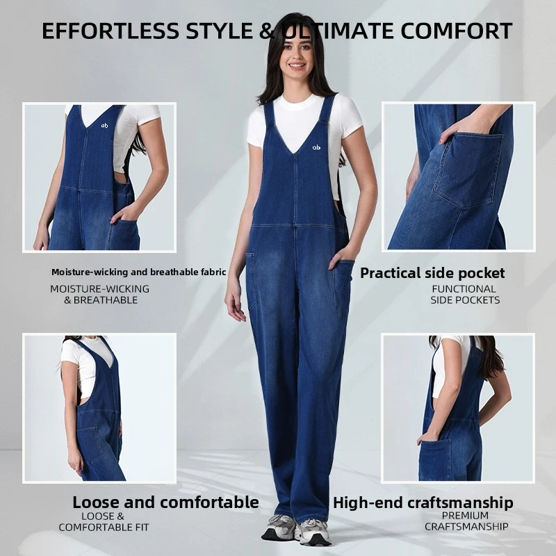 Women Knit Denim Bib Overalls High Stretch Loose Slim Whisker Wash Large Pockets Adjustable Straps Casual Streetwear Jumpsuit