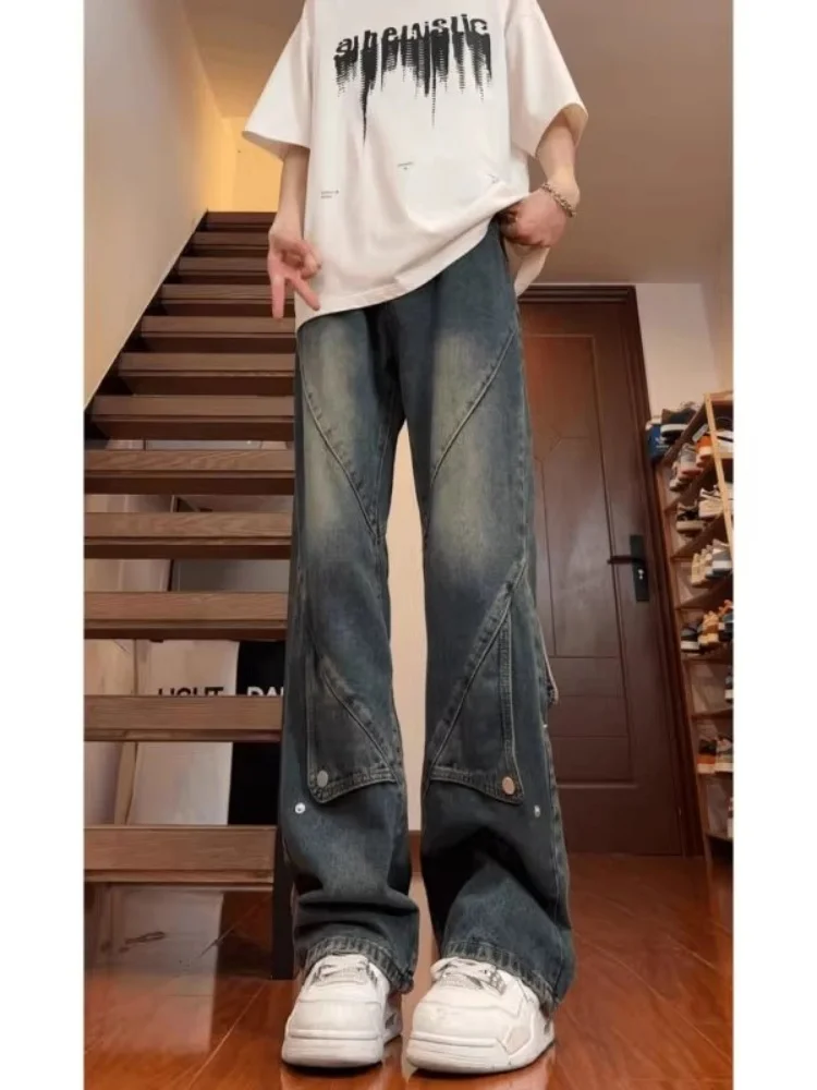 

Синие лоскутные джинсы в стиле ретро, мужские прямые брюки-клеш со средней посадкой и застежкой-молнией, классические американские брюки Vibe Sle