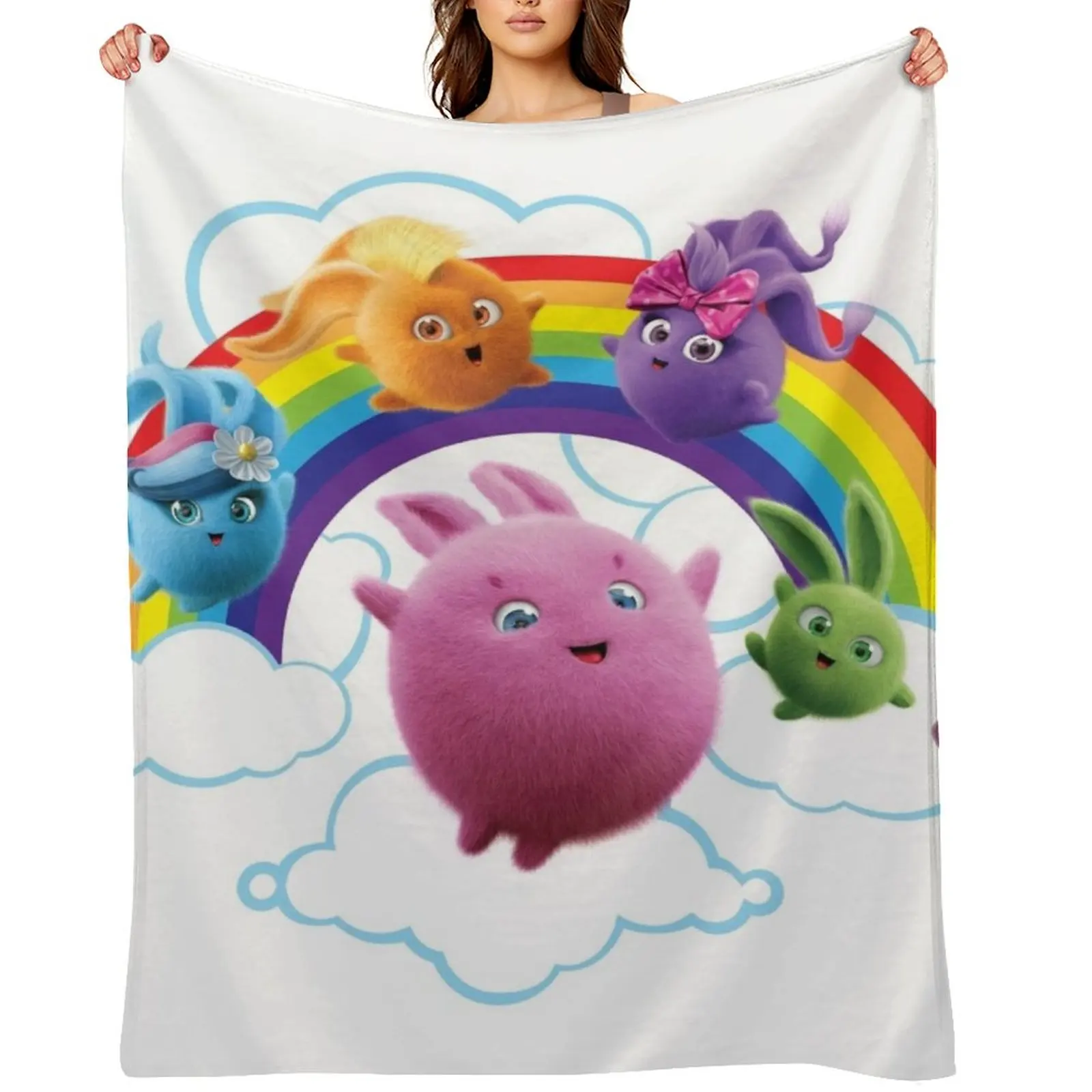 

Sunny Bunnies - Rainbow Bunnies Throw Blanket Soft Plaid Flannel Fabric Heavy Personalized Gift Blankets