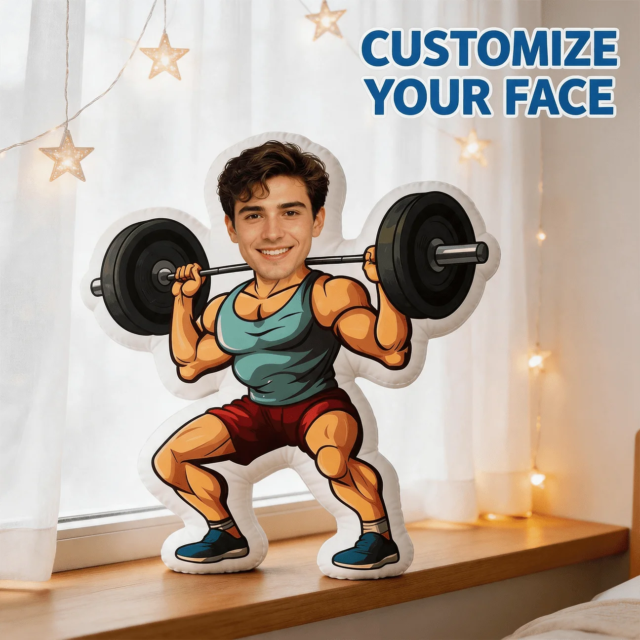 Custom Personalized Photo Face Pillow, Strong for Man Lifting Barbell Custom Shaped Decorative Cushion, 60cm Large Size Accent P