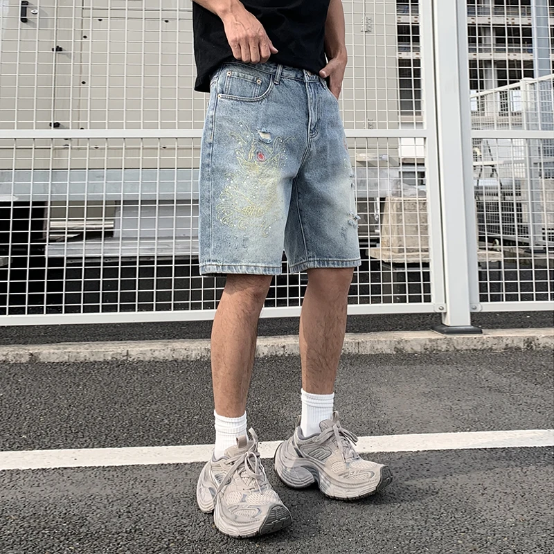 

BGC9381 High Street new Chinese style embroidery trend handsome hot diamond denim shorts men's loose casual five-minute pants