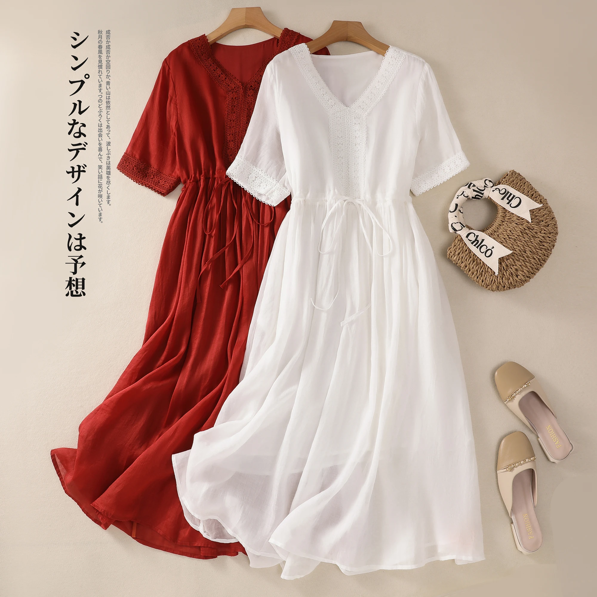 

2024 Korean Oversized 100% Cotton Ramie Loose Lace Drawstring Dress V-neck Short Sleeved A-line Skirt Spring Summer Women F003
