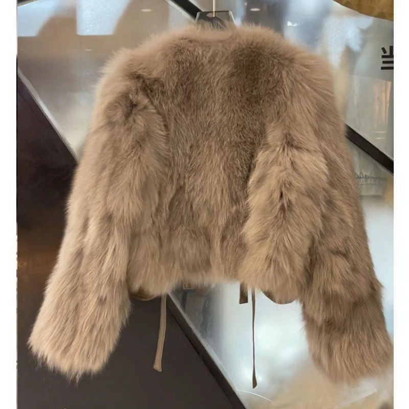 Fluffy Fur Coat Women Winter Short Faux Fur Jacket Luxury Brand Clothing Warm Thick Lace-up Faux Fox Fur Jacket New
