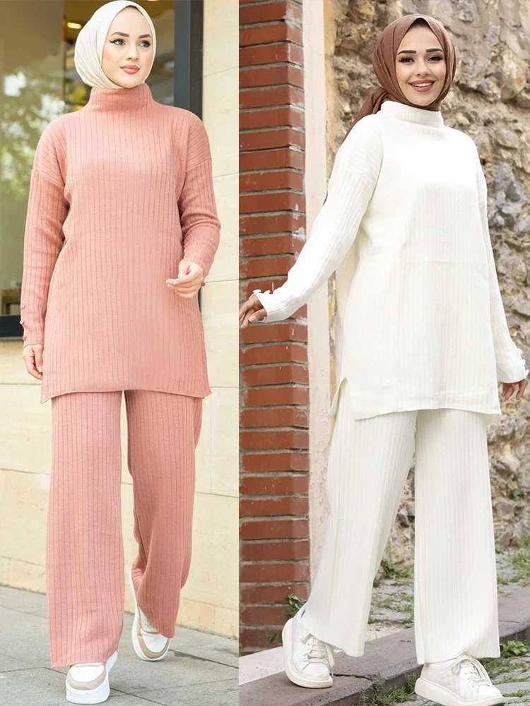 

Autumn Winter Knitted Muslim Sets Women Dress Mubarak Ramadan Abaya Kimono Islam Abaya Turkey Robe Mujer Party Kaftan Dubai Arab