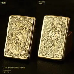 Exquisite Brass Kerosene Lighter Ultra-thin Windproof Retro Grinding Wheel Ignition Engraving Pattern Lighter Men's Gift