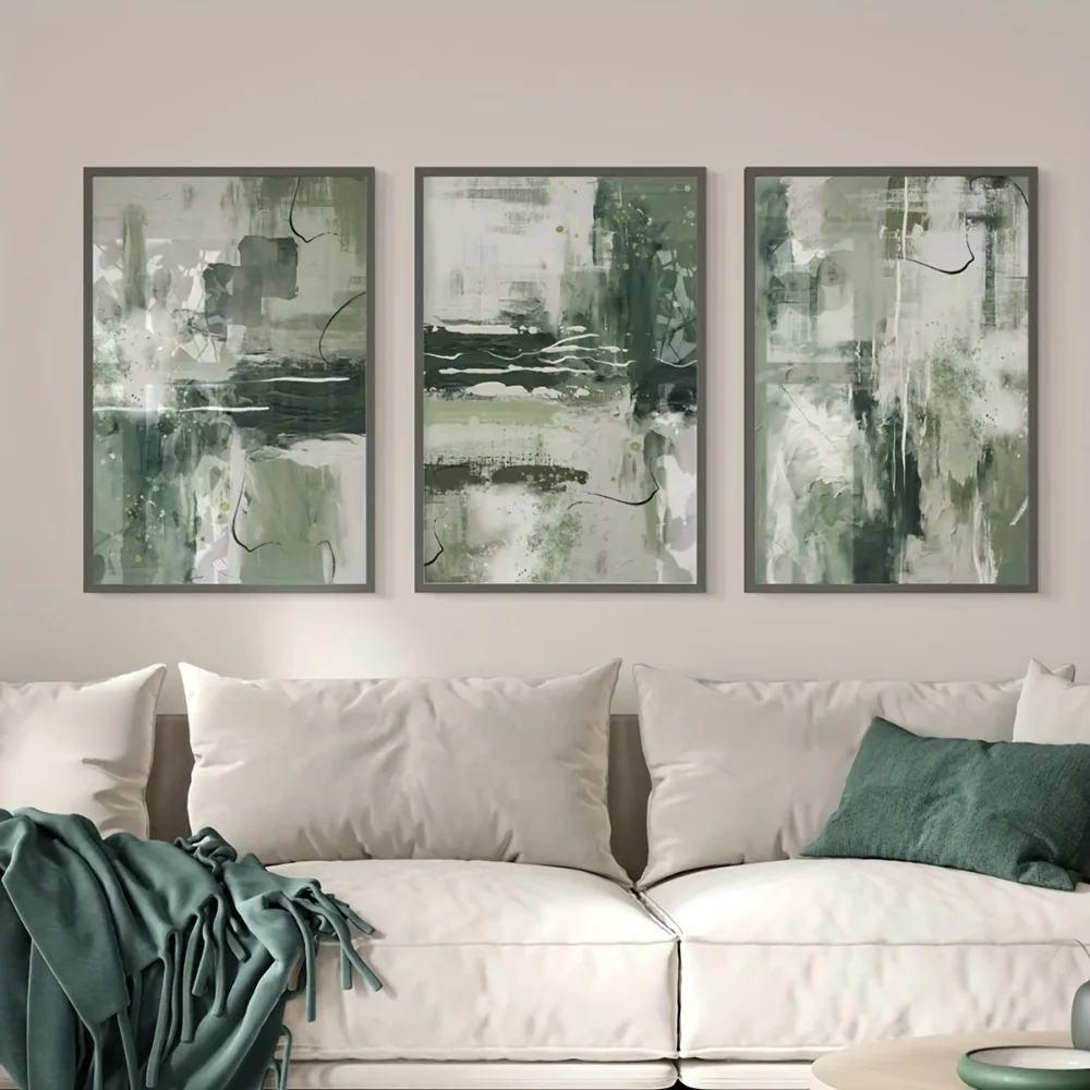 3pcs Frameless Modern Minimalist Bohemian Abstract Canvas Printing,Green for Home Office,Living Room and Bedroom,Decor Posters