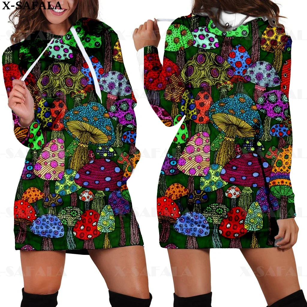 

Trippy Psychedelic Mushroom Fungus Natural Plants 3D Print Autumn Hoodies Dress Women Casual Wear Long Sleeve Hooded Dress-4