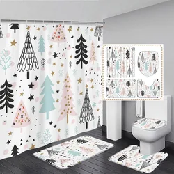 Christmas Shower Curtain Set Cute Xmas Trees Star New Year Home Bathroom Decoration Non Slip Rug Bath Mats Toilet Lid Cover