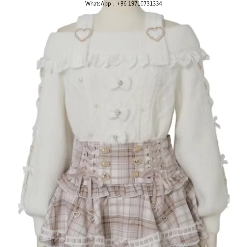 Women Sweet Lolita Knitted Sweater Off Shoulder Plush Bow Vintage Harajuku Autumn Pullover