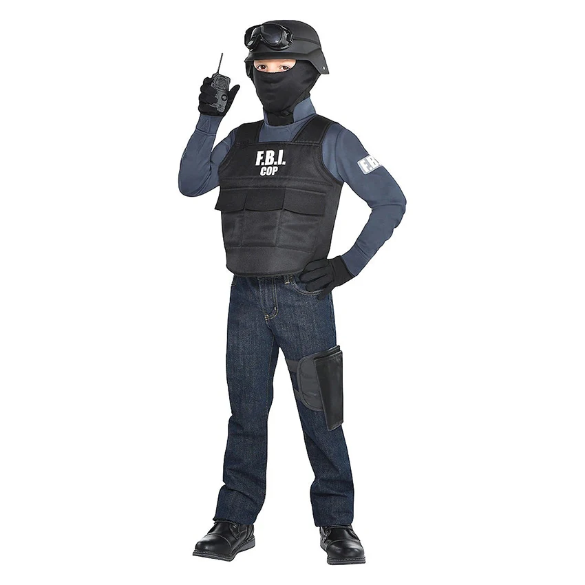 

FBI Agent Police Uniform Bulletproof Vest Helmet Halloween Costumes Fancy Dress Outfit Children COP Body Armor Outfits Prop Boys