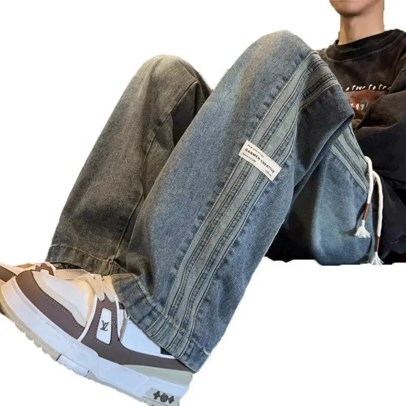 Tre bar jeans retrò americani da uomo primavera e autunno nuovo stile high street elastico in vita sciolto casual gamba dritta da uomo lunga