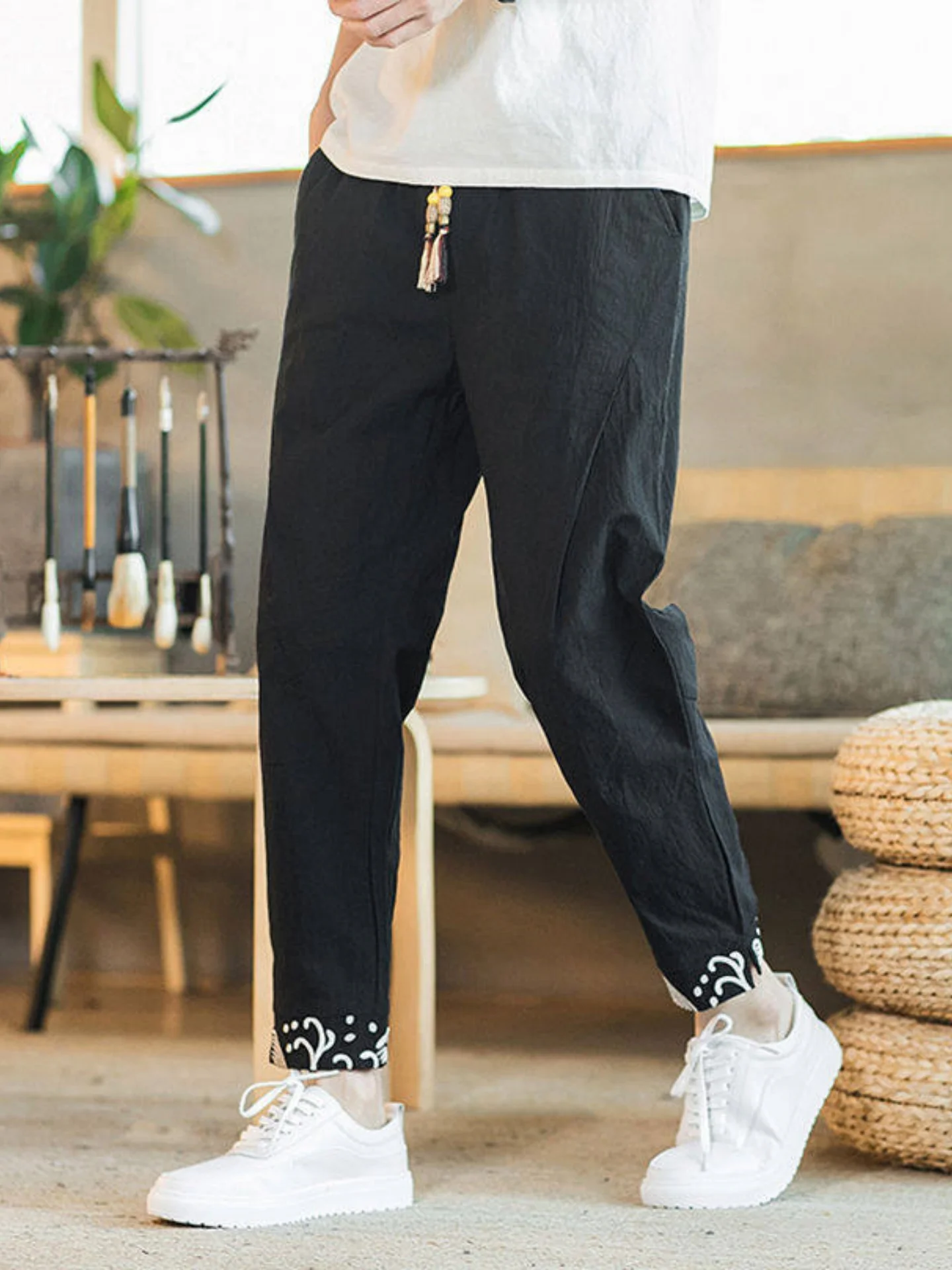 

Cotton Linen Men's Summer Thin Casual Long Pants Harlan Loose Fit Printed 9 Point Pants Comfortable Breathable Soft Touch