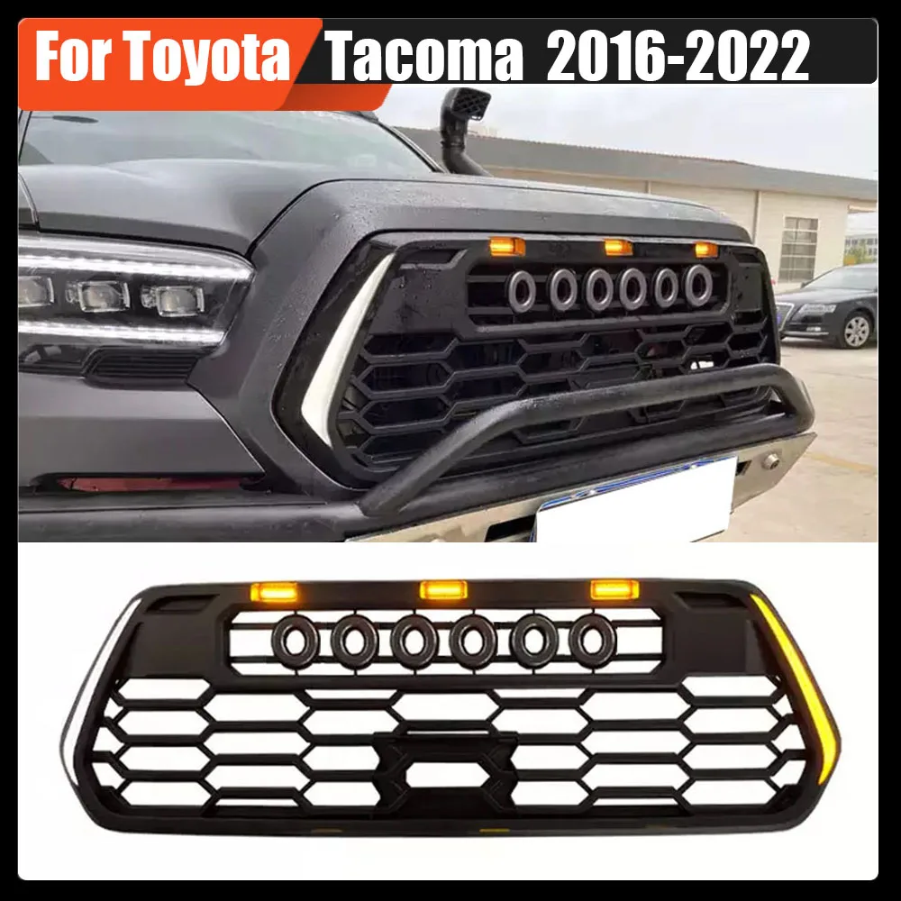 

Car Grilles ABS Accessories Pickup Front Bumper Grille Hood Racing Grill Amber Lights With 5 Letters For Toyota Tacoma 2016-2022